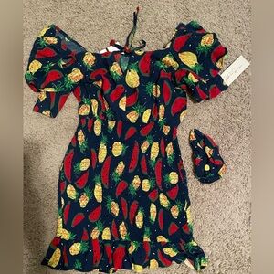 Colorful Fruit Print Dress with Puff Sleeves